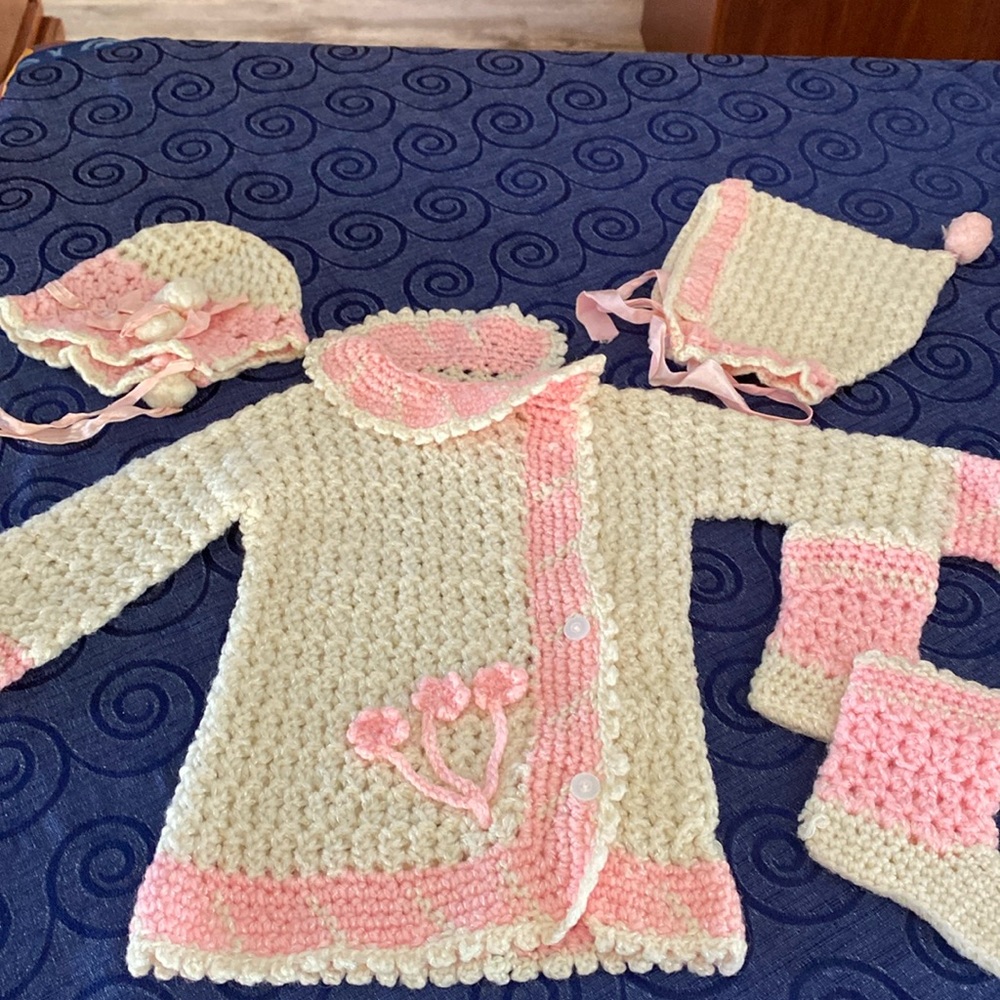 Vintage Baby Sweater with 2 hats and booties